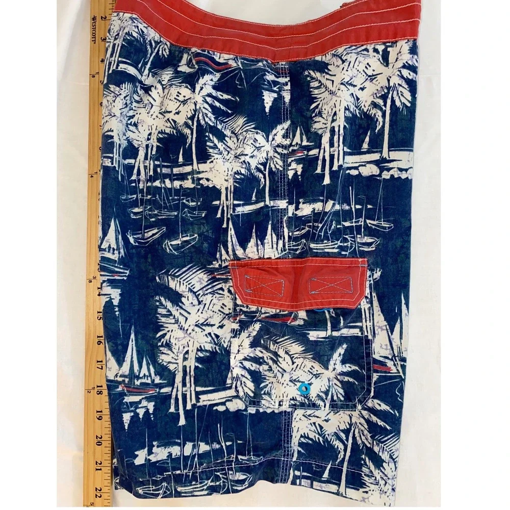 Sperry Board Shorts Mens 32 Blue Red Nautical Sailboat Palm Tree Swim Trunks